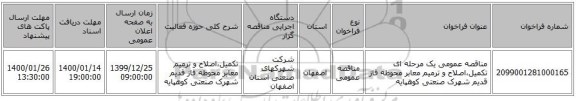 مناقصه عمومی یک مرحله ای تکمیل،اصلاح و ترمیم معابر محوطه  فاز قدیم شهرک صنعتی کوهپایه
