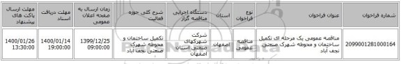 مناقصه عمومی یک مرحله ای تکمیل ساختمان و محوطه شهرک صنعتی نجف آباد
