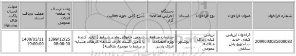 فراخوان ارزیابی کیفی خرید ساندویچ پانل سقفی  
