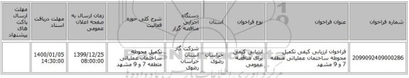 فراخوان ارزیابی کیفی تکمیل محوطه ساختمان عملیاتی منطقه 7 و 9 مشهد