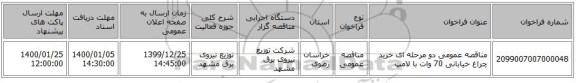 مناقصه عمومی دو مرحله ای خرید چراغ خیابانی 70 وات با لامپ