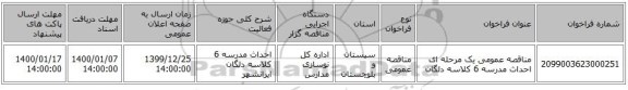 مناقصه عمومی یک مرحله ای احداث مدرسه 6 کلاسه دلگان 