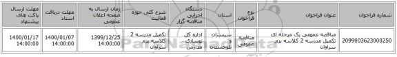 مناقصه عمومی یک مرحله ای تکمیل مدرسه 2 کلاسه بزم سراوان