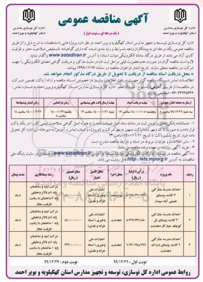 مناقصه احداث مدرسه مشارکتی 3 کلاسه 