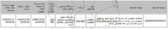 مناقصه عمومی یک مرحله ای خرید،حمل و تحویل تجهیزات زیر ساخت شبکه و دیتا سنتر بیمارستان جدید الاحداث آیت اله طالقانی آبادان