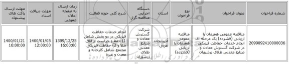 مناقصه عمومی همزمان با ارزیابی (فشرده) یک مرحله ای انجام خدمات حفاظت فیزیکی در شرکت گسترش معادن و صنایع معدنی طلای زرشوران