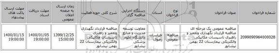 مناقصه عمومی یک مرحله ای مناقصه قرارداد نگهداری وتعمیر و راهبری تاسیسات مکانیکی والکتریکی بیمارستان 22 بهمن نیشابور