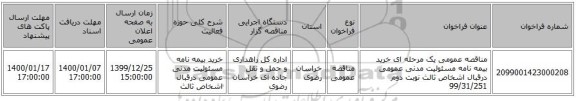 مناقصه عمومی یک مرحله ای خرید بیمه نامه مسئولیت مدنی عمومی درقبال اشخاص ثالث نوبت دوم 99/31/251