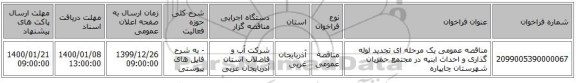 مناقصه عمومی یک مرحله ای تجدید لوله گذاری و احداث ابنیه در مجتمع حمزیان شهرستان چایپاره
