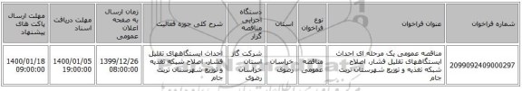 مناقصه عمومی یک مرحله ای احداث ایستگاههای تقلیل فشار، اصلاح شبکه تغذیه و توزیع شهرستان تربت جام