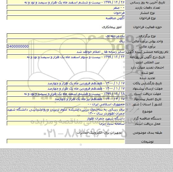 برق رسانی به ساختمان درس دانشکده علوم تربیتی و روانشناسی دانشگاه شهید چمران اهواز در سال ۱۴۰۰