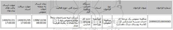 مناقصه عمومی یک مرحله ای احداث مدرسه مشارکتی 2 کلاسه روستای  دزدک دهدشت                                                                               