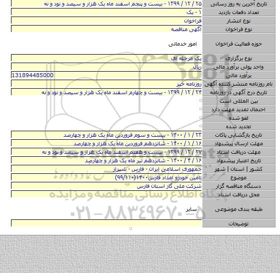 تامین خودرو امداد فارس۱۴۰۰(۹۹/۱۱۰)
