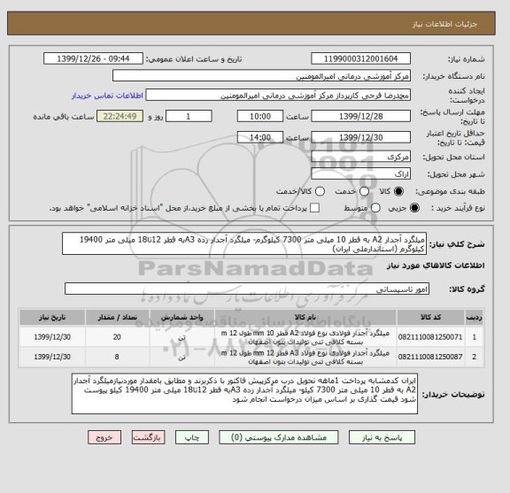 استعلام میلگرد آجدار A2 به قطر 10 میلی متر 7300 کیلوگرم- میلگرد آجدار رده A3به قطر 12تا18 میلی متر 19400 کیلوگرم (استاندارملی ایران)