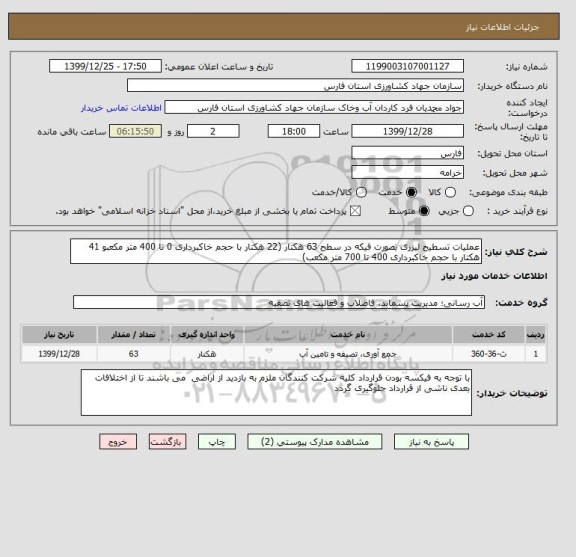 استعلام عملیات تسطیح لیزری بصورت فیکه در سطح 63 هکتار (22 هکتار با حجم خاکبرداری 0 تا 400 متر مکعبو 41 هکتار با حجم خاکبرداری 400 تا 700 متر مکعب)