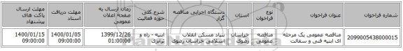مناقصه عمومی یک مرحله ای ابنیه فنی و سفالت