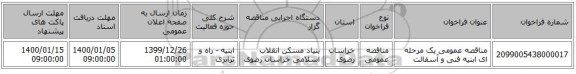 مناقصه عمومی یک مرحله ای ابنیه فنی و آسفالت