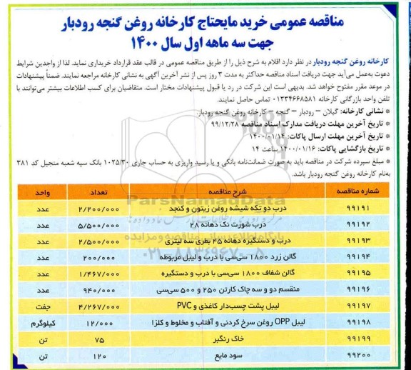 مناقصه عمومی خرید مایحتاج کارخانه روغن