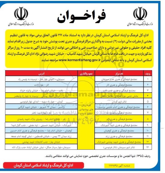 فراخوان , فراخوان واگذاری مراکز فرهنگی و هنری 
