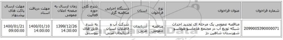 مناقصه عمومی یک مرحله ای تجدید احداث شبکه توزیع آب در مجتمع هاچاسو هولاسو شهرستان شاهین دژ