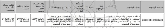 مناقصه عمومی یک مرحله ای اجرای قسمتی از خط انتقال با مخزن فشارشکن 50مترمکعبی مجتمع آلمالو شهرستان هشترود