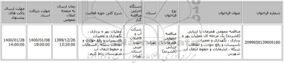 مناقصه عمومی همزمان با ارزیابی (فشرده) یک مرحله ای عملیات بهر ه برداری ، نگهداری و تعمیرات تاسیسات و رفع حوادث و اتفاقات شبکه ، انشعابات و خطوط انتقال آب شهرس
