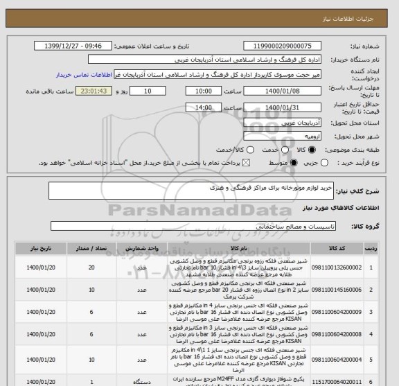 استعلام خرید لوازم موتورخانه برای مراکز فرهنگی و هنری