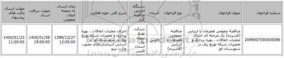 مناقصه عمومی همزمان با ارزیابی (فشرده) یک مرحله ای اجرای عملیات اتفاقات ، بهره برداری و تعمیرات شبکه توزیع برق  در شهرستان اوز 