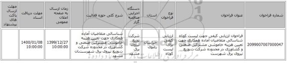 فراخوان ارزیابی کیفی جهت لیست کوتاه شناسائی متقاضیان آماده همکاری جهت تعیین هزینه خاموشی مشترکین صنعتی و کشاورزی  در محدوده شرکت تـوزیع نیروی برق شهرست