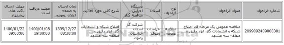 مناقصه عمومی یک مرحله ای اصلاح شبکه و انشعابات گاز، ابزار دقیق و ... منطقه سه مشهد