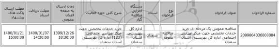 مناقصه عمومی یک مرحله ای خرید خدمات تخصصی جهت مرکز اورژآنس اجتماعی اداره کل بهزیستی استان سمنان