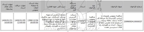 مناقصه عمومی همزمان با ارزیابی (فشرده) یک مرحله ای آماده سازی، باطله برداری، استخراج ماده معدنی (طلا و زرنیخ) ، احداث و نگهداری راه های دسترسی معدن 