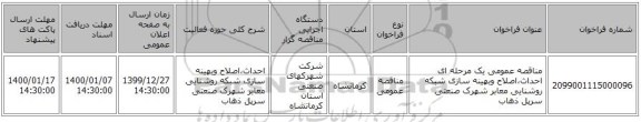 مناقصه عمومی یک مرحله ای احداث،اصلاح وبهینه سازی شبکه روشنایی معابر شهرک صنعتی سرپل ذهاب