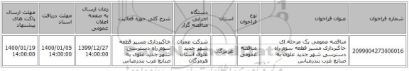 مناقصه عمومی یک مرحله ای خاکبرداری مسیر قطعه سوم راه دسترسی شهر جدید علوی به صنایع غرب بندرعباس