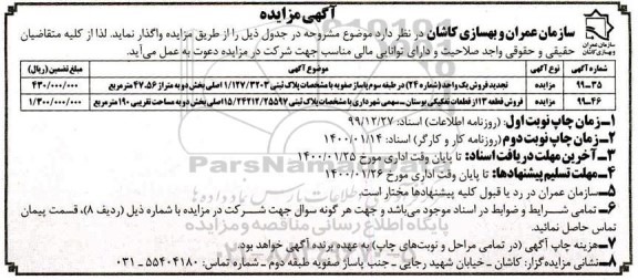 مزایده، مزایده فروش یک واحد 24 و قطعه 13 از قطعات تفکیکی