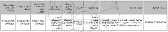مناقصه عمومی همزمان با ارزیابی (فشرده) یک مرحله ای تعمیرات ساختمانها و محوطه در سطح پردیس دانشگاه فردوسی مشهد