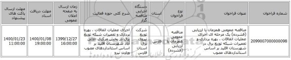 مناقصه عمومی همزمان با ارزیابی (فشرده) یک مرحله ای اجرای عملیات اتفاقات ، بهره برداری و تعمیرات شبکه توزیع برق  در  شهرستان اقلید بر اساس استانداردهای مصوب