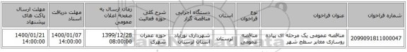 مناقصه عمومی یک مرحله ای   پیاده روسازی معابر سطح شهر