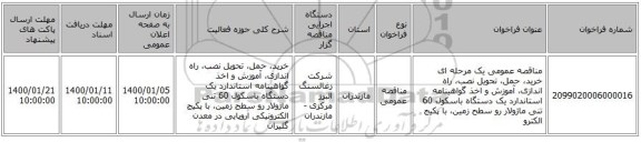 مناقصه عمومی یک مرحله ای خرید، حمل، تحویل نصب، راه اندازی، آموزش و اخذ گواهینامه استاندارد یک دستگاه باسکول 60 تنی ماژولار رو سطح زمین، با پکیج الکترو