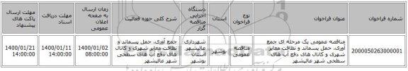 مناقصه عمومی یک مرحله ای جمع آوری، حمل پسماند و نظافت معابر شهری و کانال های دفع آب های سطحی شهر عالیشهر