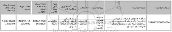 مناقصه عمومی همزمان با ارزیابی (فشرده) یک مرحله ای مقاوم سازی ساختمان نیمه کار ه مجتمع فرهنگی هنری شهر آذرشهر