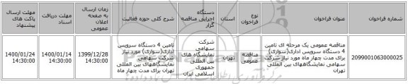 مناقصه عمومی یک مرحله ای تامین 4 دستگاه سرویس اداری(سواری) برای مدت چهار ماه مورد نیاز شرکت سهامی نمایشگاههای بین المللی تهران