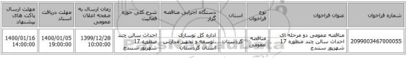 مناقصه عمومی دو مرحله ای احداث سالن چند منظوره 17 شهریور سنندج 