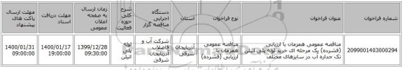 مناقصه عمومی همزمان با ارزیابی (فشرده) یک مرحله ای خرید لوله پلی اتیلن تک جداره آب در سایزهای مختلف