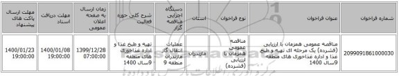 مناقصه عمومی همزمان با ارزیابی (فشرده) یک مرحله ای تهیه و طبخ غذا و اداره غذاخوری های منطقه 9سال 1400