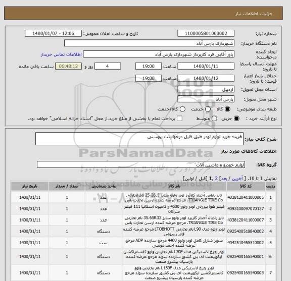 استعلام هزینه خرید لوازم لودر طبق فایل درخواست پیوستی