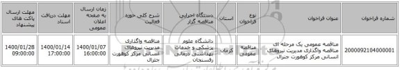 مناقصه عمومی یک مرحله ای مناقصه واگذاری مدیریت نیروهای انسانی مرکز کوهورت جنرال