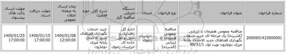 مناقصه عمومی همزمان با ارزیابی (فشرده) یک مرحله ای خرید خدمات نگهداری فضاهای جدید الاحداث پایانه مرزی دوغارون نوبت اول  99/31/1