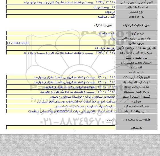 مناقصه  اجرای خط انتقال آب کشاورزی روستای آقچ اسفراین
