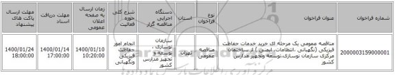 مناقصه عمومی یک مرحله ای خرید خدمات حفاظت فیزیکی (نگهبانی ،انتظامات، ایمنی ) از ساختمان مرکزی سازمان نوسازی،توسعه وتجهیز مدارس کشور